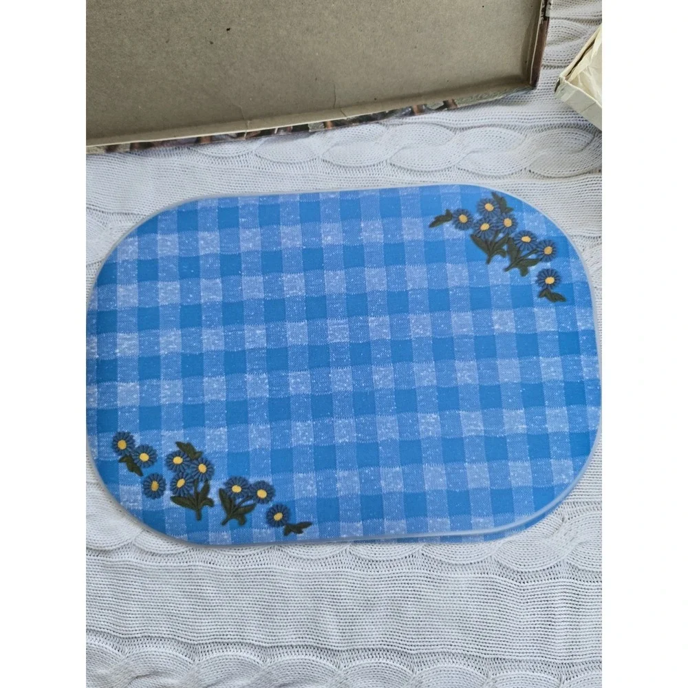 VTG Set of 6 Reversible Oval Laminated Placemats Blue Gingham Daisy Floral w/box